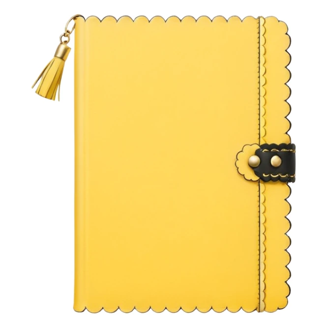 a soft yellow lemon color journal with scalloped edges, tiny gold dot details, and a small tassel charm, cozy and elegant stationery vibe sticker