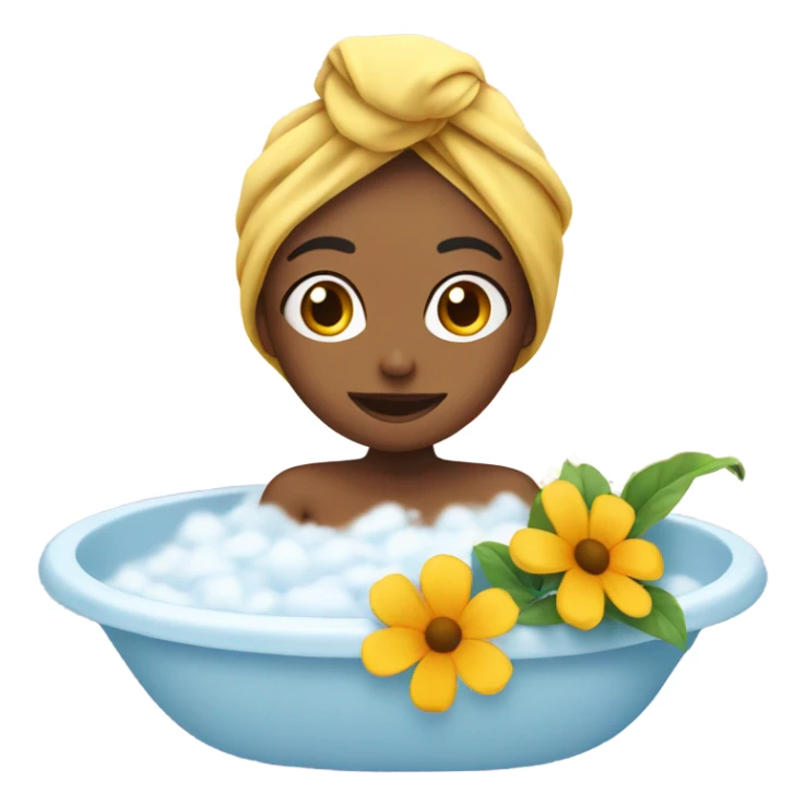 girl with towel on head takes bath with flowers sticker