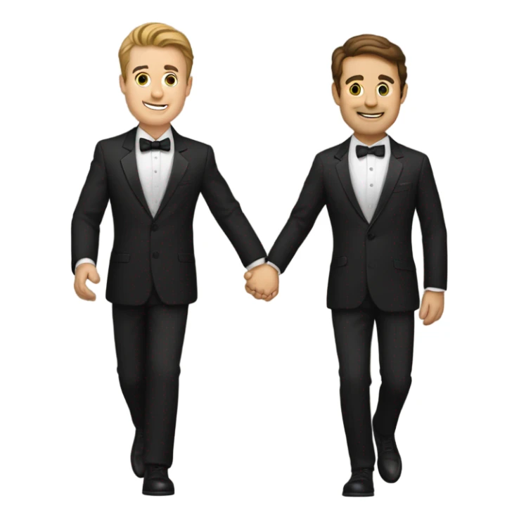 Two white guys holding hands walking, brown hair, tuxedos sticker