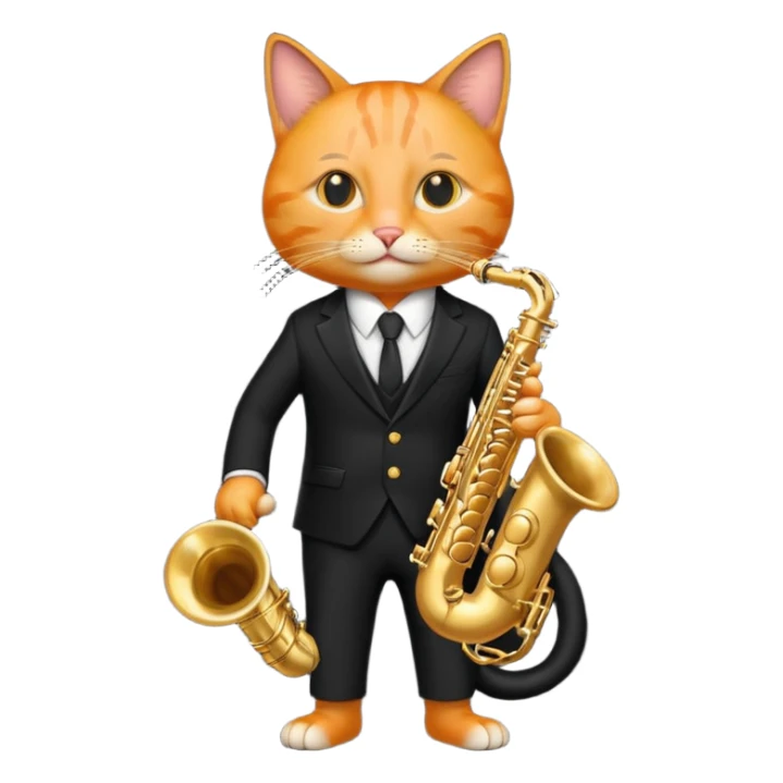 orange cat play gold saxophone, wear black suit, portrait sticker