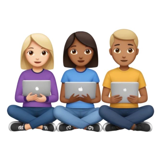 three design students sitting together with sketchbooks and laptops, creative sticker