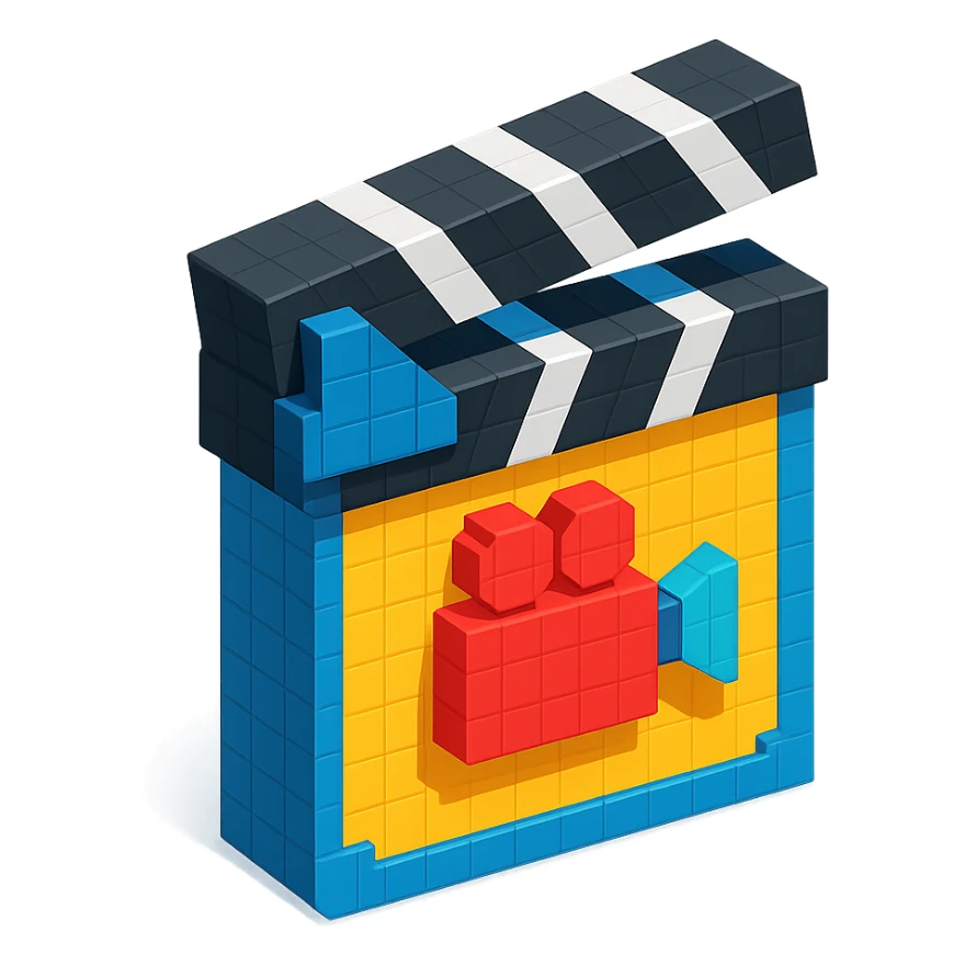 voxel style movie clapperboard with a camera icon, isometric view sticker