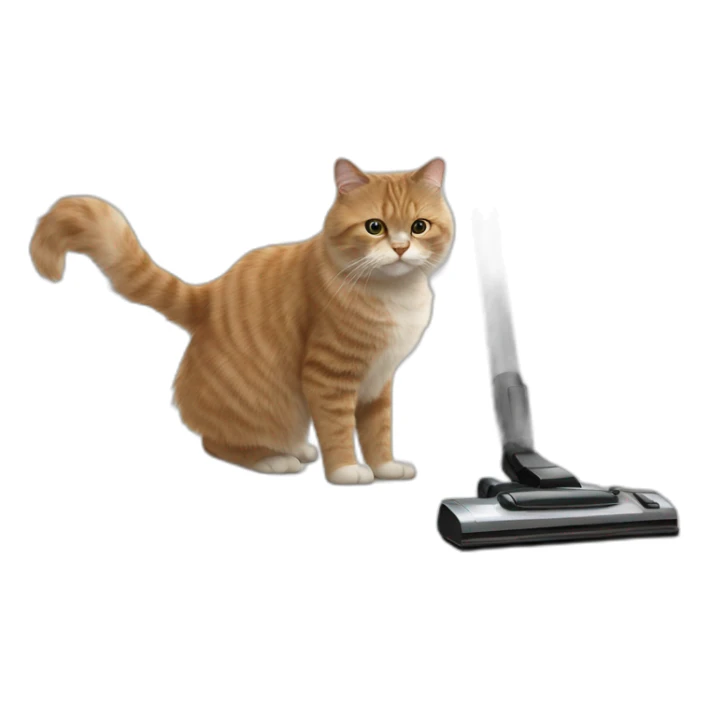 fluffy cat stands on its hind legs and vacuums dust with a vacuum cleaner sticker