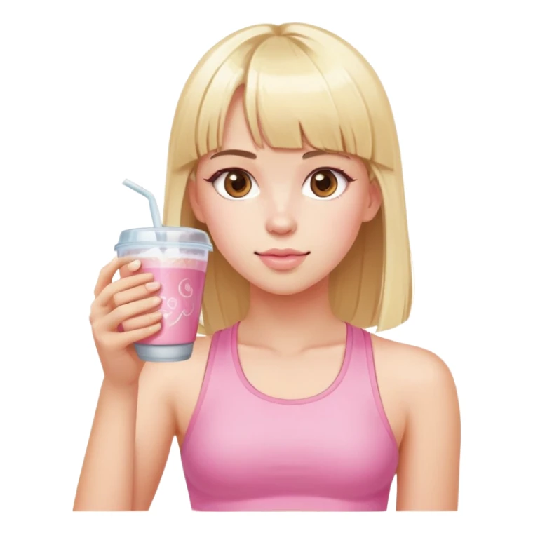 chica con un top rosa de gimnasio y pelo rubio con flequillo tomándose un café en un vaso transparente con hielo  sticker
