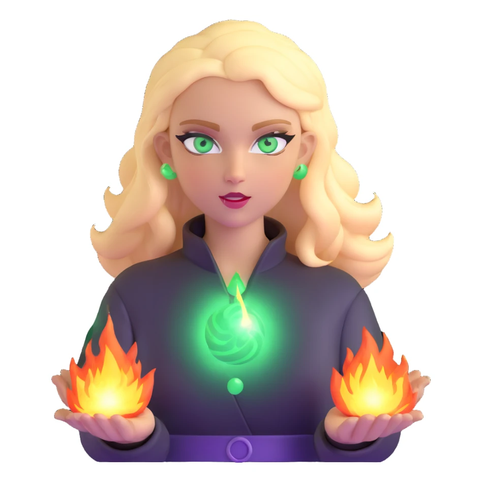 blonde woman with green eyes, fireballs and magical effects sticker