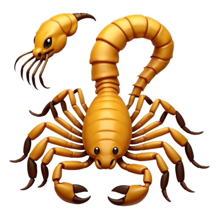 A 3D cartoon scorpion with shiny dark body and curled tail, on a light surface, realistic Memoji-style, soft lighting. sticker