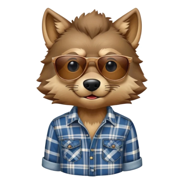 head and shoulders friendly brown-furred anthropomorphised wolf in plaid shirt and jeans, wearing dark sunglasses, upright pose sticker