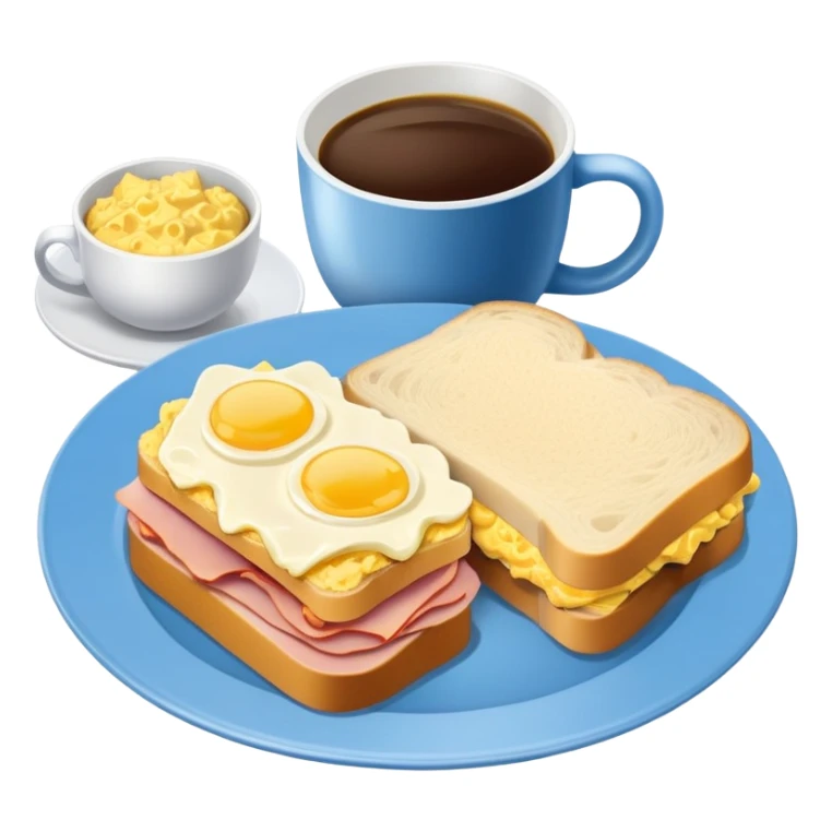 a blue breakfast plate, a sandwich with ham and scrambled eggs and a cup of white coffee sticker