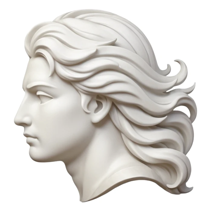 Create a stylized illustration of a classical face carved in white marble, shown in profile, gently blowing wind.  sticker