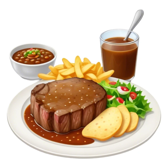big juicy australian steak meal featuring chips, small salad in a ramikan and gravy in a small bowl on the plate sticker