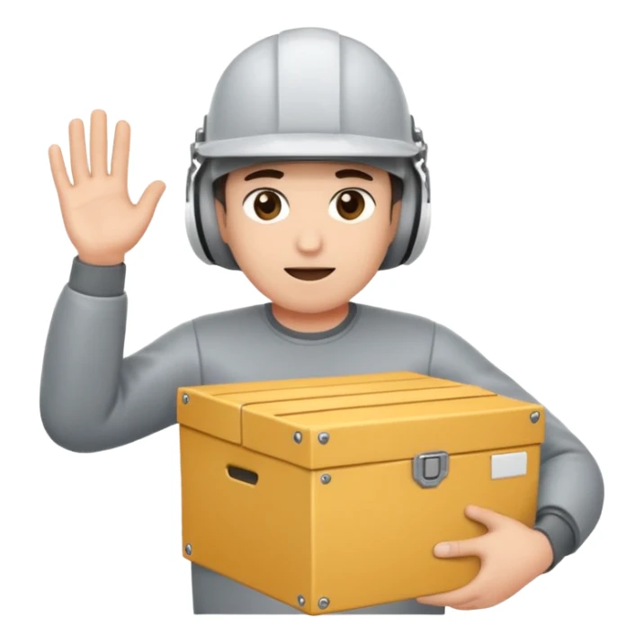 Tengo que dar una capacitacion de orgonomia, necesito un emoji de un operario con casco blanco y buzo gris de manga larga que levante una caja cerrada con las dos manos a la altura de los hombros y que tenga cara de esfuerzo fisico sticker