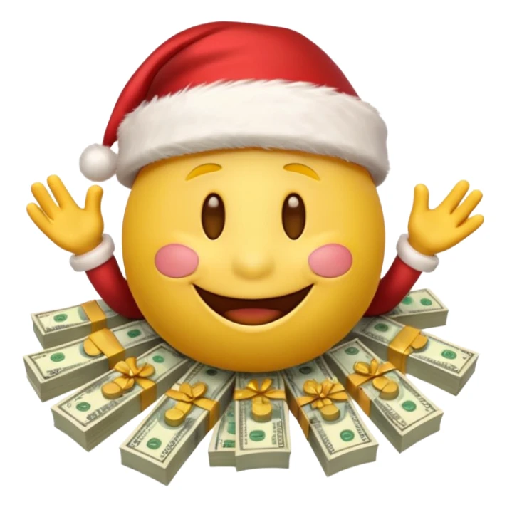 A festive 3D emoji style yellow smiley face wearing a Santa hat, surrounded by stacks of cash and dollar bills, joyful expression, Christmas and New Year theme, high quality, clean design, studio lighting, no text, no background, isolated object, transparent background, emojis.com style sticker