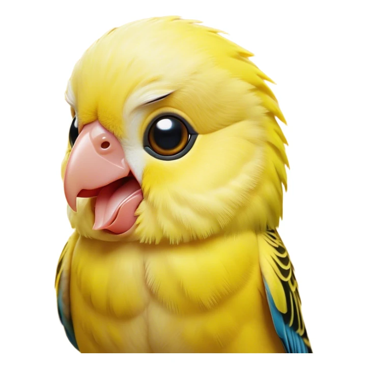 Cinematic Comical Yellow Budgie Portrait Emoji, Head tilted dramatically with an exaggeratedly amused expression, featuring a striking yellow feathered fur with a glossy finish, wide, expressive dark eyes filled with playful disbelief, Simplified yet hilariously expressive features, highly detailed, glowing with a slightly sassy glow, high shine, dramatic yet playful, stylized with an air of cheeky mischief, bright and endearing, soft glowing outline, capturing the essence of a spirited and over-the-top budgie, so meme-worthy it feels like it could side-eye its way into internet fame instantly! sticker