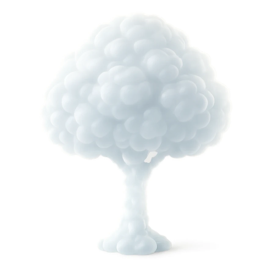 one tree with one white crown cloud and white trunk, both made of small very bright white fluffy convex clouds, matte glass style sticker