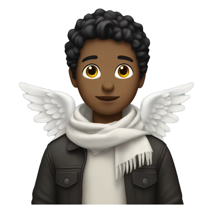 boy with black hair has the scarf and angel wings sticker