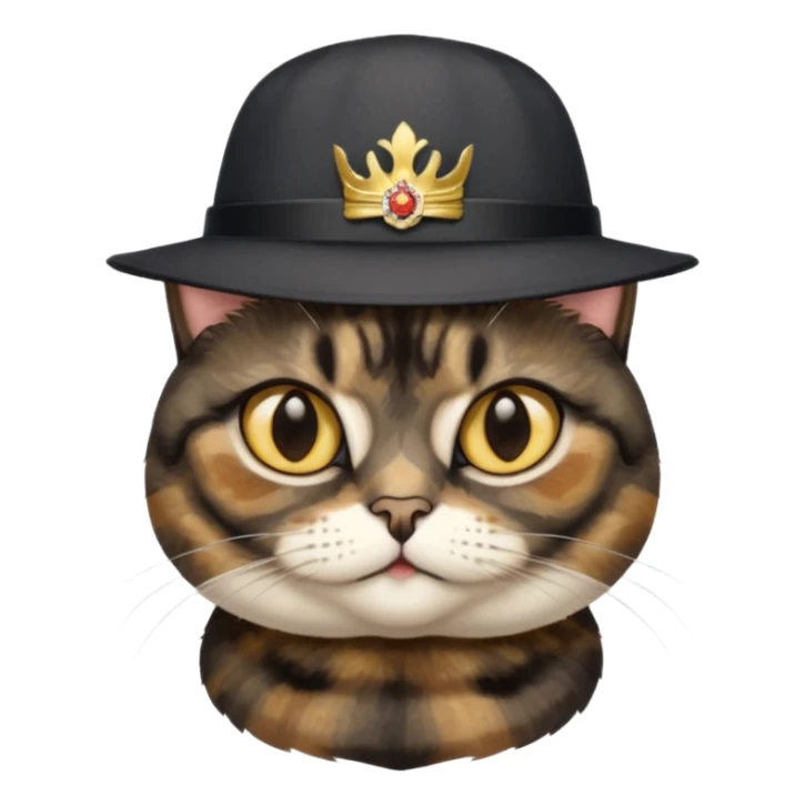 mostly black tortie cat, gold eyes, british hat sticker