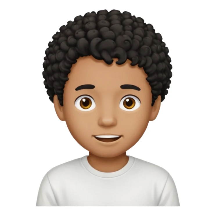 a black boy with a curly hair and a white t shirt no teet sticker