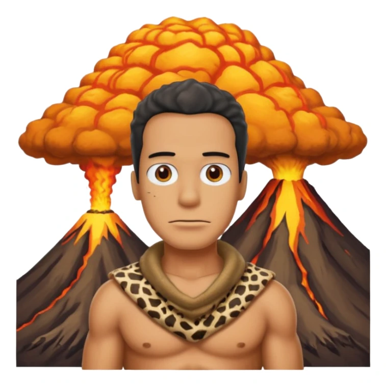 a simpson guy wearing ancient animal skin cloth with volcano behind, half body, icon sticker