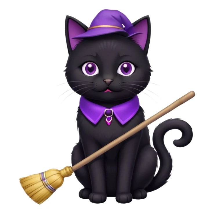 cute black cat with a broom, purple collar sticker