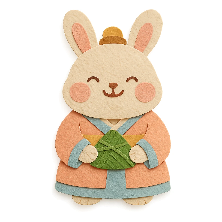 chubby bunny in hanfu holding a bamboo-wrapped zongzi with a big smile, Chinese traditional style, soft tones sticker