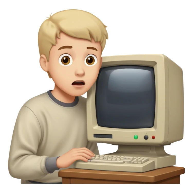 Young man with surprised expression looking at a very old, bulky desktop computer from the 1990s with CRT monitor sticker