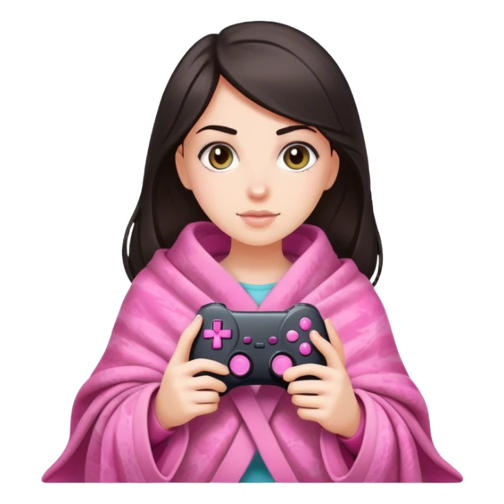 White girl with dark hair wrapped up in a blanket with a pink gaming controller in her hands sticker
