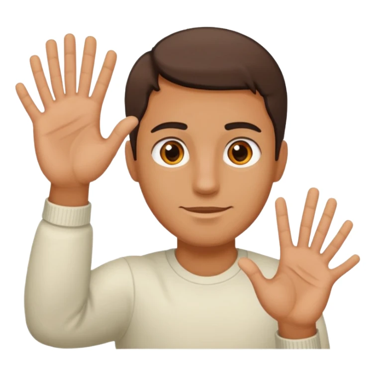 A guy with his left hand higher right lower left hand with a 6 on it right with a 7 sticker