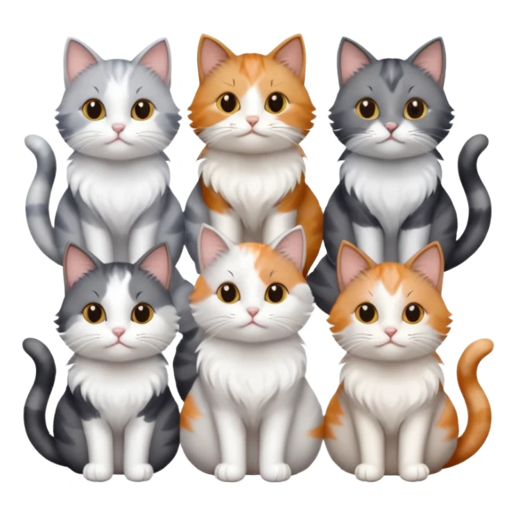6 realistic looking cats with different natural coloured coats, assorted grey and white, greys, calico, brown and white colours etc
 sticker