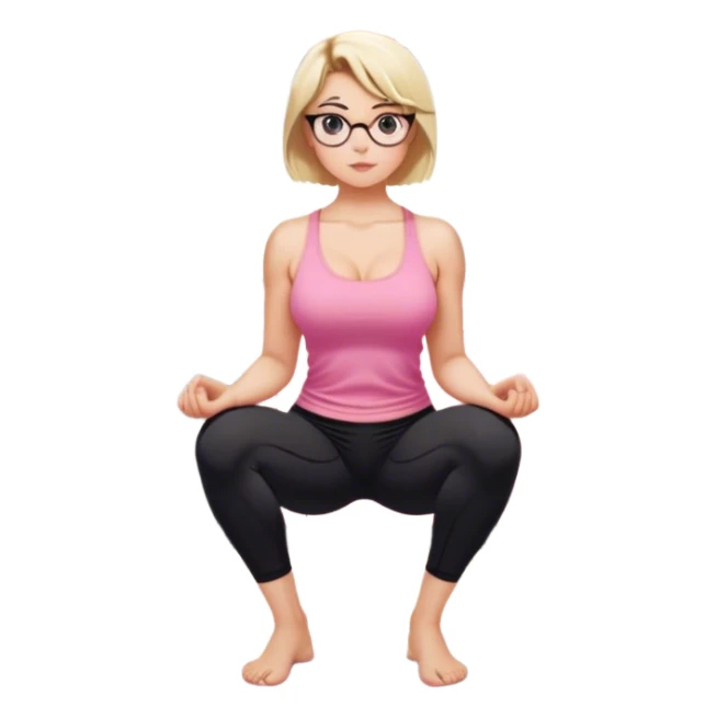 View from knees up, view from quarter angle, fair skinned woman, thick milf, short blond hair, small reading glasses, squatting down in kitchen, pink loose tank top, showing natural B cup breast shape SFW, black yoga pants, large curvy booty sticker