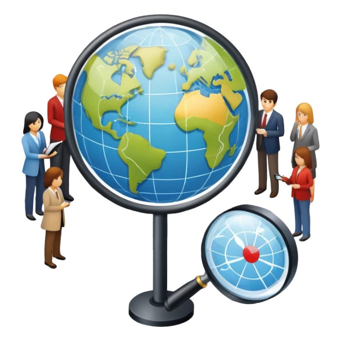 An icon featuring a group of people, a network diagram, and a magnifying glass, symbolizing sociology. The design includes a globe and interconnected lines, representing social structures and relationships. Transparent background highlights the study of societies and human behavior. sticker