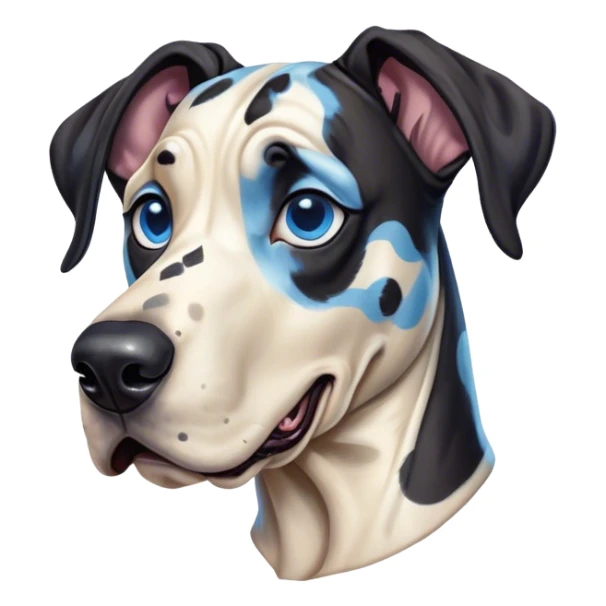 Cinematic Comical Harlequin Great Dane Portrait Emoji, Head tilted dramatically with an exaggeratedly shocked or amused expression, featuring a striking coat of predominantly white with vivid black patches, wide, expressive blue eyes filled with playful disbelief, Simplified yet hilariously expressive features, highly detailed, glowing with a slightly sassy glow, high shine, dramatic yet playful, stylized with an air of cheeky charm, bright and endearing, soft glowing outline, capturing the essence of a spirited and over-the-top guardian, so meme-worthy it feels like it could side-eye its way into internet fame instantly! sticker