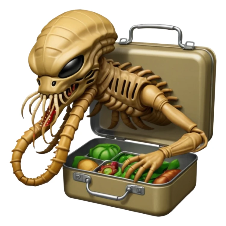 The original Predator with mask and mouth piece eating an Alien facehugger from a lunchbox, the setting should be dark and real. sticker