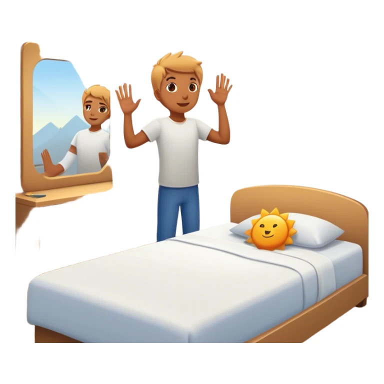 A person stands beside their bed, rolling out groggily with determination. The bed behind them is neatly made, a mirror in front of them shows them high-fiving their reflection. A glowing sunrise outside signals the start of a productive day. sticker