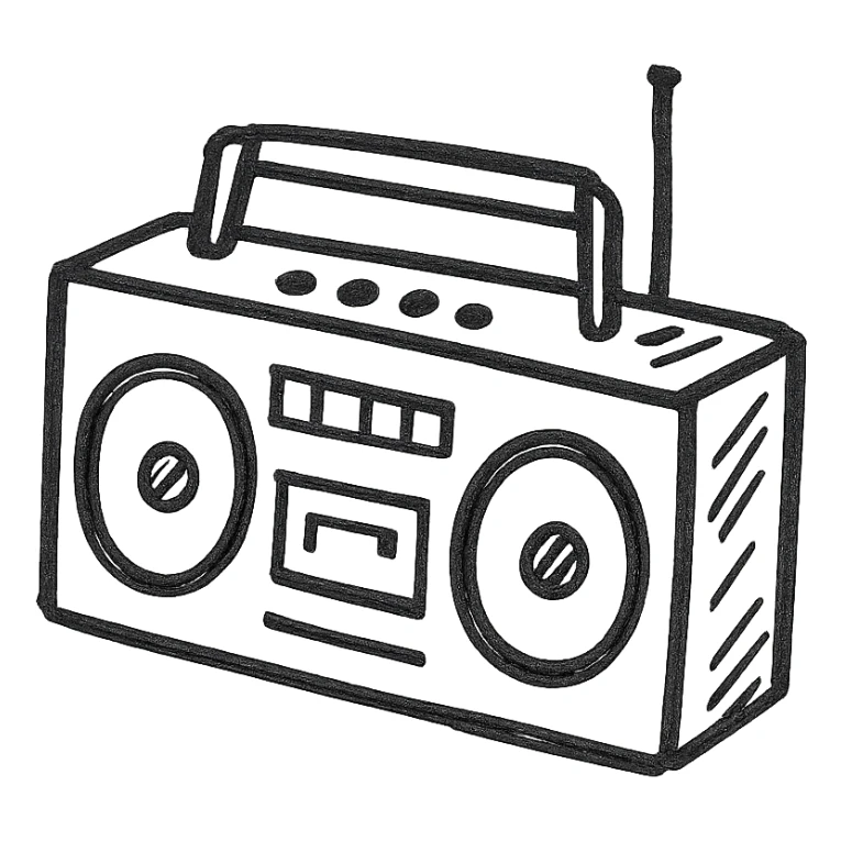 Boombox icon, hand drawn, black outlines, no fill, simple and clean, angled view sticker