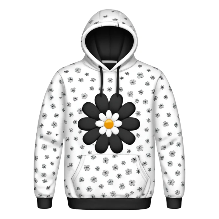 The BLACK Denim Tears Hoodie features a black base with distinctive black and white flowers. Each flower has a white outer ring with an empty space in the middle, creating a hollow, open design. These patterns are scattered across the hoodie for a bold and unique look. sticker