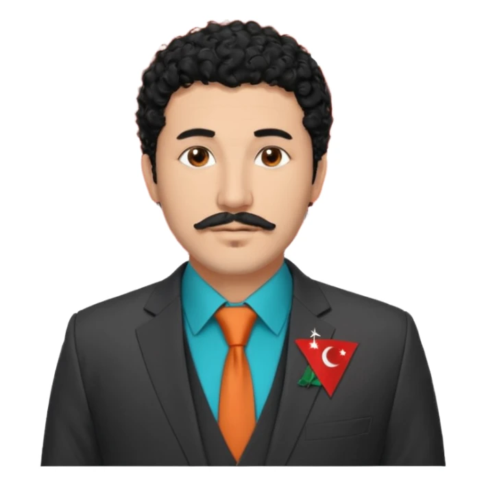Black curly hair, messy and thrown forward, brown eyes, a goatee, thin mustache, wearing a suit. On the suit, there is a small Turkish flag detail on the chest, and on the other side of the chest, it says 'BST' — with 'B' in orange, 'S' in turquoise, and 'T' in navy blue. sticker