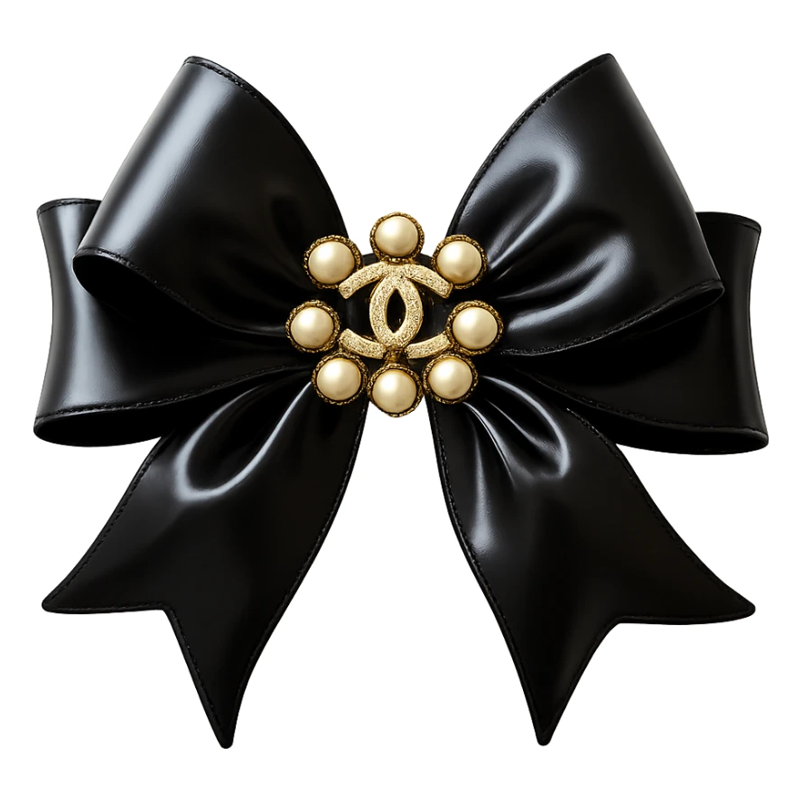 Remove the background, keep only the elegant bow with pearls and gold Chanel logo, glossy, black and white, realistic style, with no background. sticker