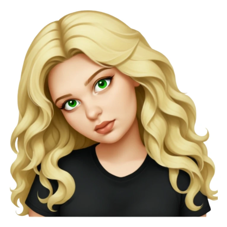 female, long wavy blonde hair, wearing black tshirt sticker