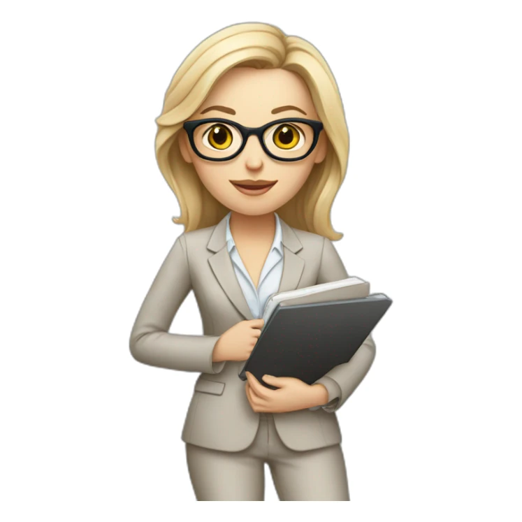 white girl in a pantsuit, glasses, notebook in hand. sticker