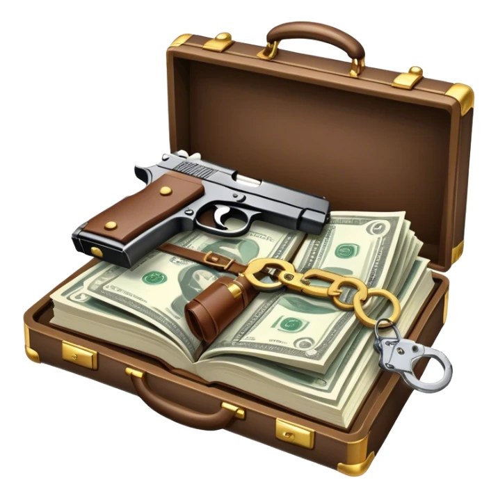 Icon for Action & Crime Reading: an open book with action-packed scenes, featuring a gun, handcuffs, a detective's badge and a briefcase with money. The icon should capture the tension and excitement of crime and action stories. Transparent background. sticker
