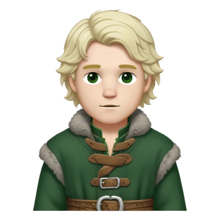 Medieval winter outfit worn by a DnD themed fantasy male character. Double-layered forest green wool tunic with bear fur lining, decorated with pewter toggle closures and a thick woven belt. Clothes only above the waist, full waist coverage. The character has no arms. Character is white-skinned with pale blonde hair, steel gray eyes, and medium-length wavy hair with frost-tipped ends sticker