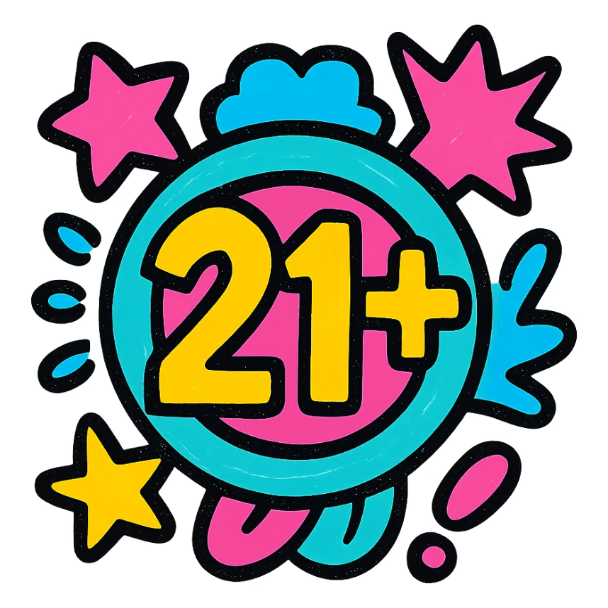 circular badge with '21+' in the center, surrounded by colorful pop art elements, pop colors style sticker