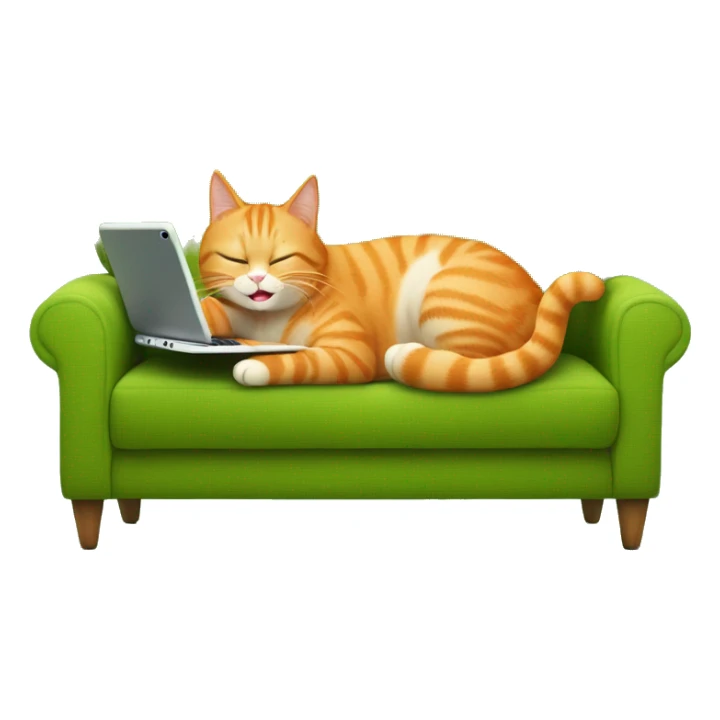 A happy orange cat lies on its back on a green sofa, holding a tablet. sticker
