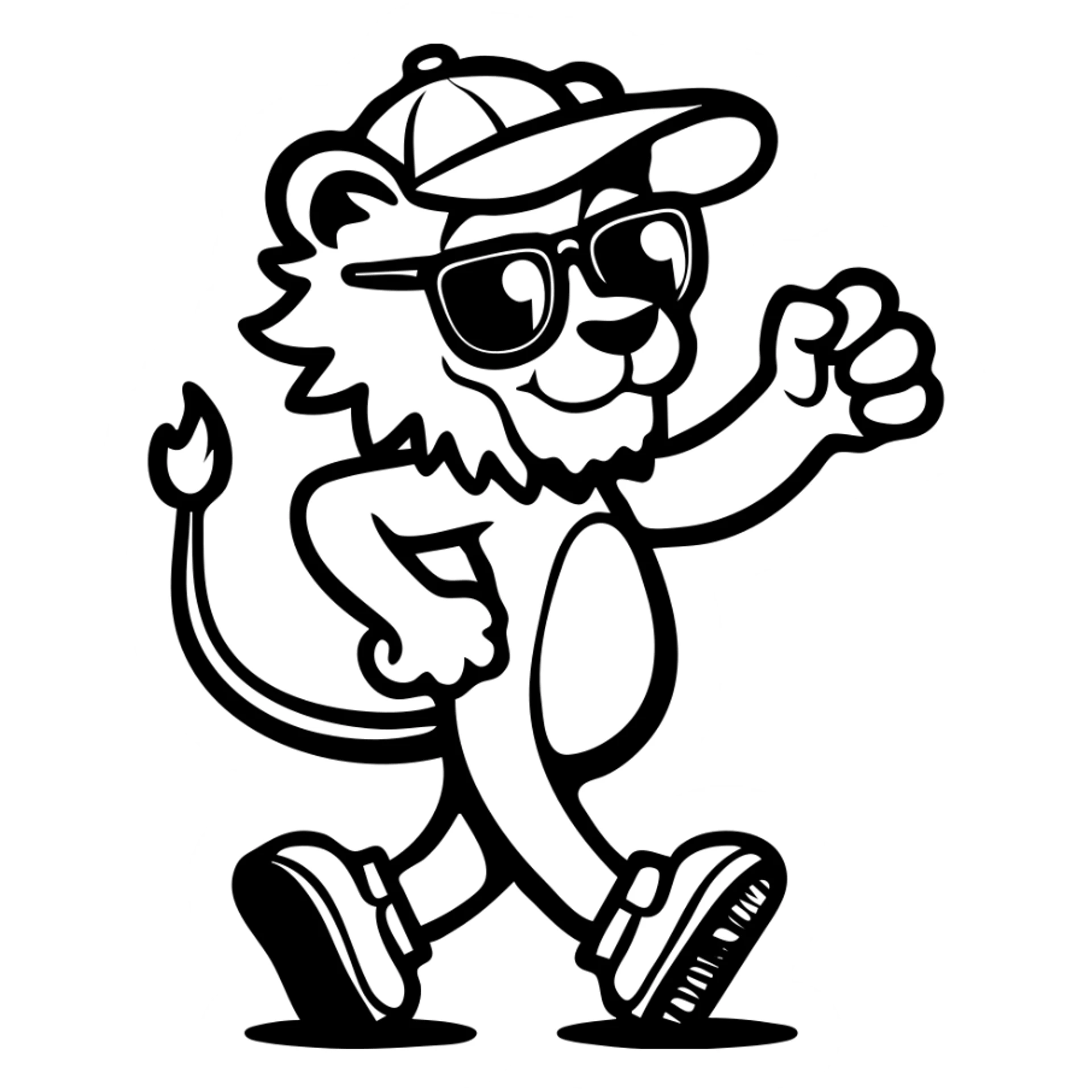 cheerful anthropomorphic lion walking confidently, flexing one arm in a fist-pump, wearing oversized sunglasses, backwards baseball cap, and sneakers, thick black outlines, no color or shading, retro mascot vintage rubber hose cartoon style, highly graphic sticker