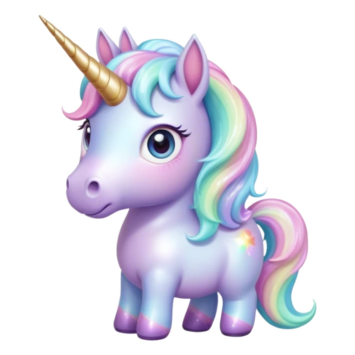 Cinematic pastel-colored unicorn, flowing iridescent mane, big sparkling eyes, tiny rounded hooves, soft chubby cheeks, delicate magical glow surrounding, enchanting and dreamy. sticker