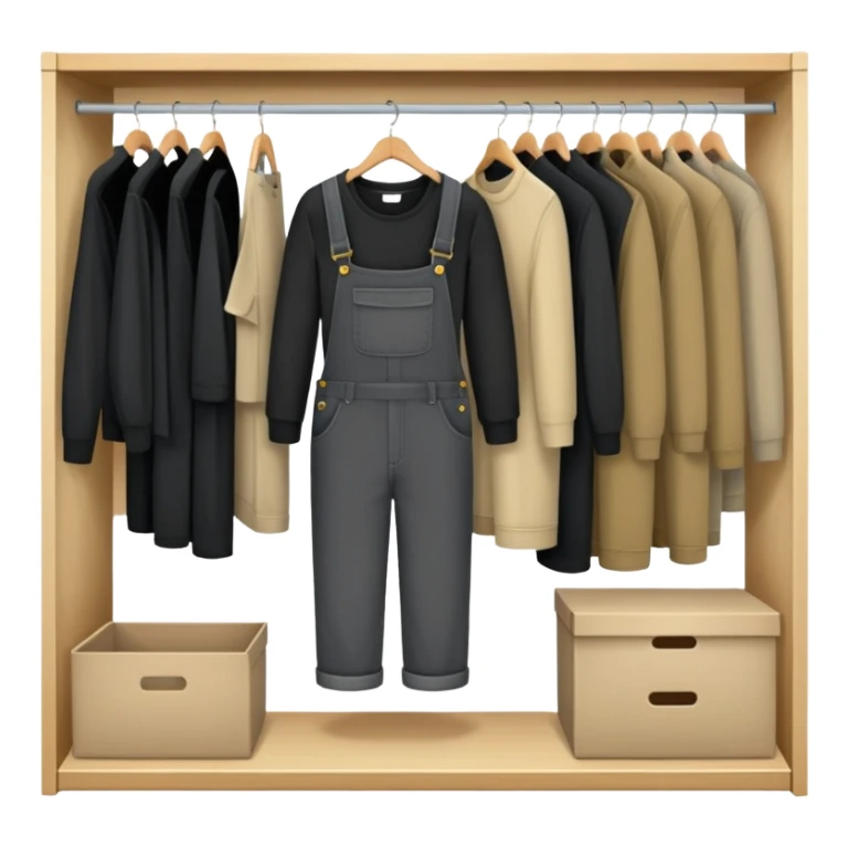 Open wardrobe filled with practical work clothes - black shirts, overalls, khaki pants, and sweaters sticker