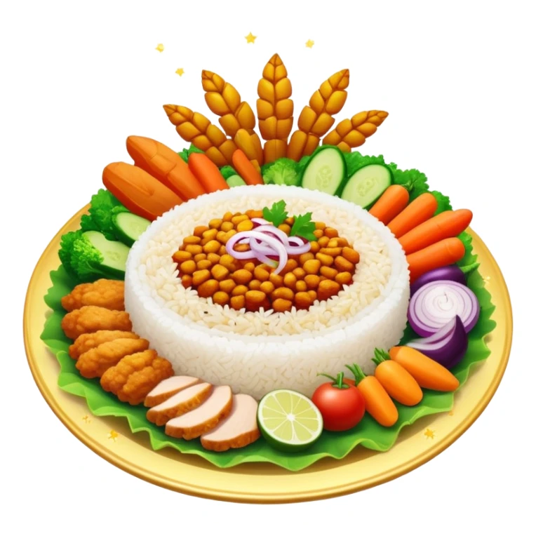 Magical floating plate with ethereal glowing rice, chicken pieces surrounded by sparkles, and enchanted Puerto Rican Boricua mix vegetables sticker