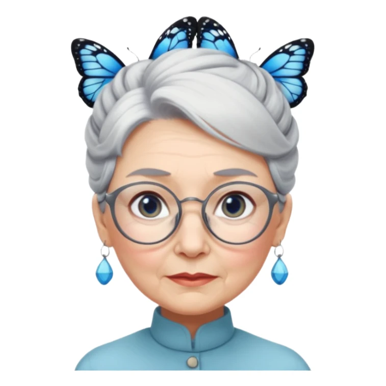 A beautiful grandmother with a delicate face and white/grey hair styled in high buns. She has steely blue/grey eyes and an intense gaze, and wears pretty glasses with butterfly frames. No background sticker