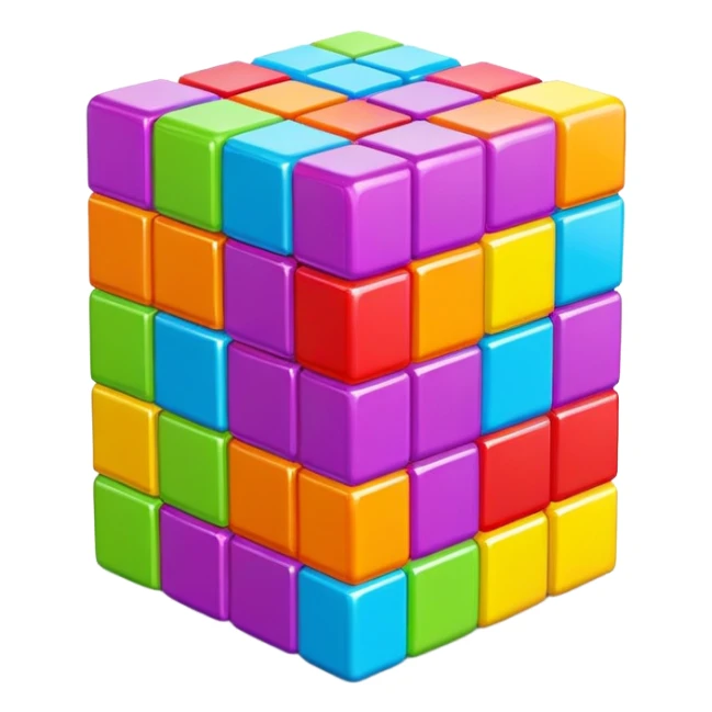 A 3D Tetris game block with a smooth, glossy surface. Bright and vibrant colors, slightly reflective, with soft shadows. The shape should resemble a classic Tetris piece, such as L, T, or square block sticker