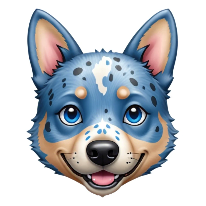 Cinematic Comical Blue Speckle Australian Cattle Dog Portrait Emoji, Head tilted dramatically with an exaggeratedly amused expression, featuring a striking blue speckle Fur with bold patterns, wide, expressive blue eyes filled with playful disbelief, Simplified yet hilariously expressive features, highly detailed, glowing with a slightly sassy glow, high shine, dramatic yet playful, stylized with an air of cheeky charm, bright and endearing, soft glowing outline, capturing the essence of a spirited and over-the-top herder, so meme-worthy it feels like it could side-eye its way into internet fame instantly! sticker